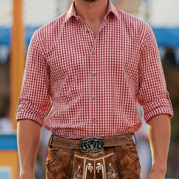 Red Bavarian Checked Button Down Shirt | Oktoberfest Costume | German Outfit - Picture 1 of 5
